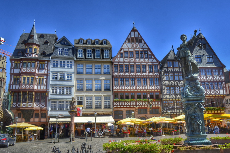 window, nature, street, tourism, blue, Römerberg, house, clear sky, city life, travel, architecture, Hesse, day, monument, fachwerkhaus, Frankfurt, 4K
