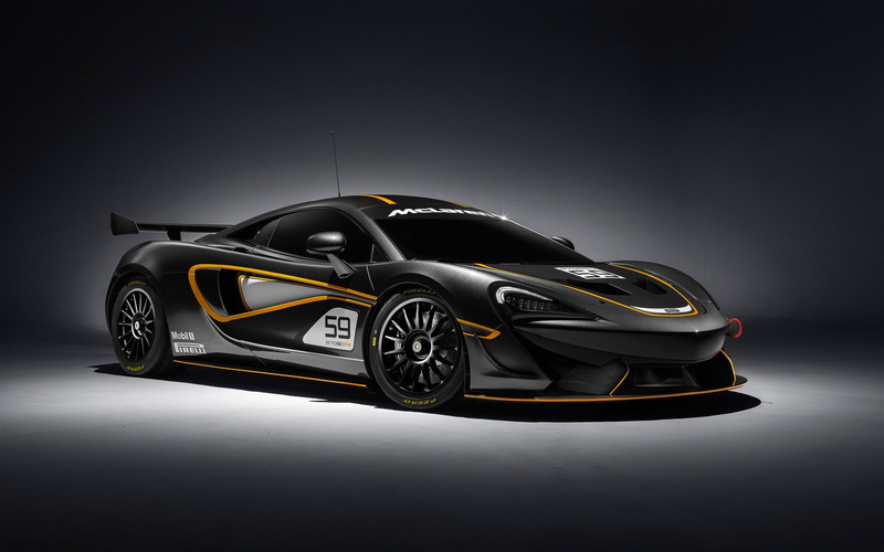 gray, McLaren 570S GT4, vignette, wheel, sports car, indoors, auto racing, studio shot, motor vehicle, no people, racecar, black background, car, land vehicle