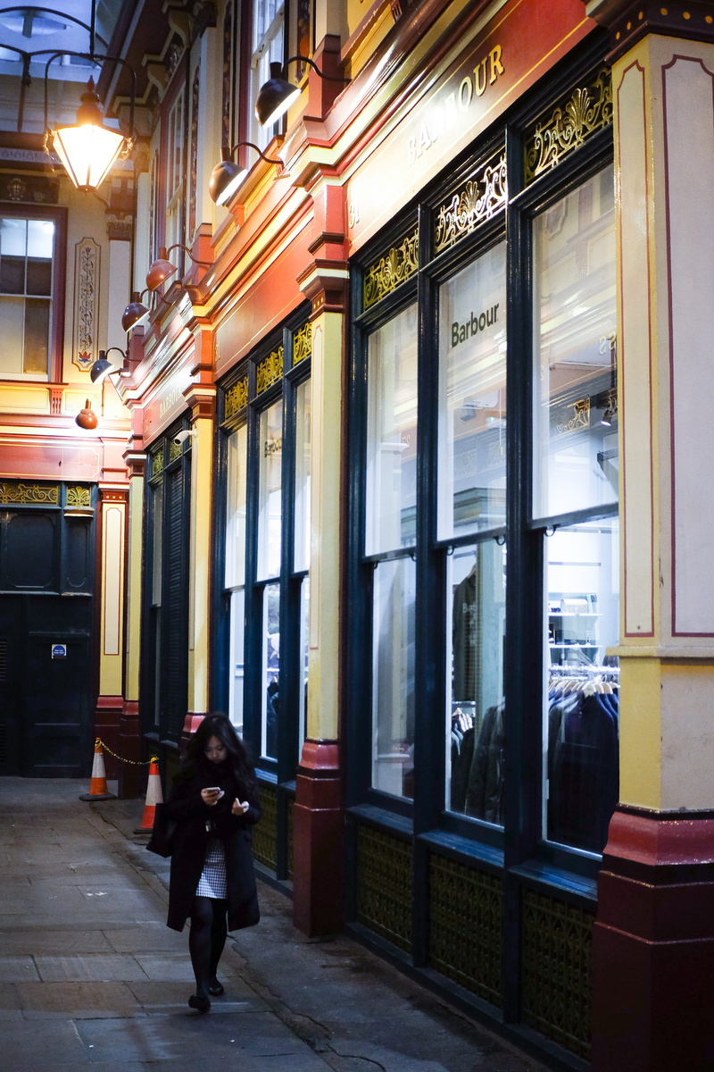leadenhall market, rear view, lighting equipment, beaten off path, building, on the phone, walking, illuminated, window, building exterior, barbour, leaden