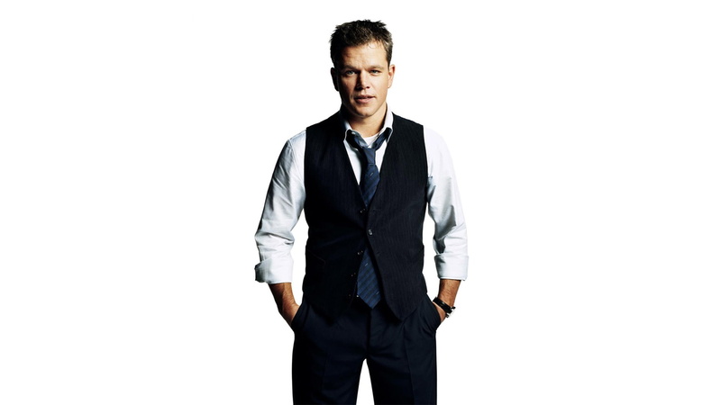 vest, pants, white background, shirt, 1080P, photoshoot, Matt Damon, tie, actor, costume