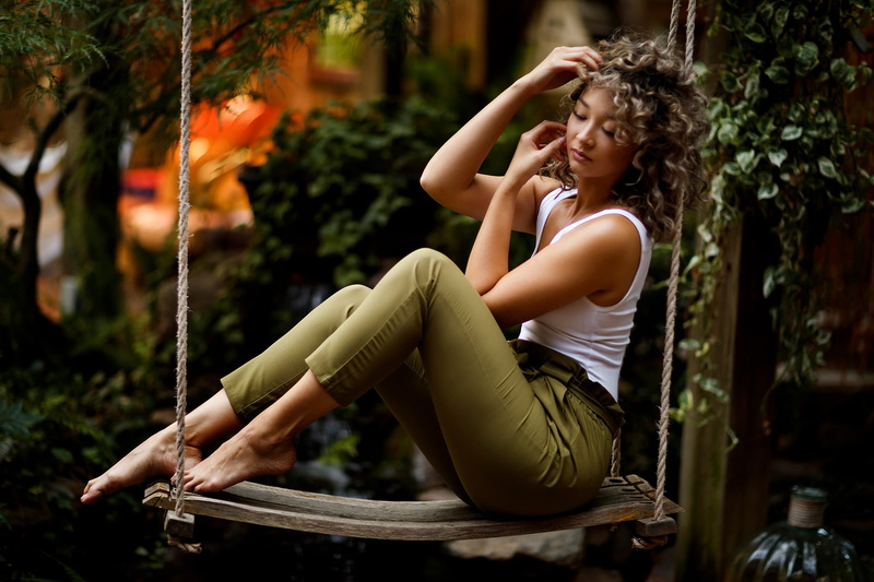 Sergey Bidun, sitting, legs, curly hair, 1080P, white shirt, brunette, women, pants, Asian, barefoot, nature, model, Jaclyn, swing, short hair, thighs