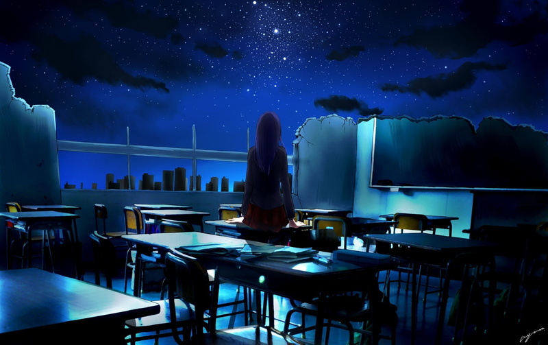books, building, ruin, night, cityscape, school uniform, silhouette, stars, 720P, clouds
