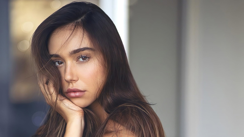 long hair, touching face, model, bare shoulders, closeup, lips, brunette, looking at viewer, portrait, 1080P, depth of field, brown eyes, women, Alexis Ren