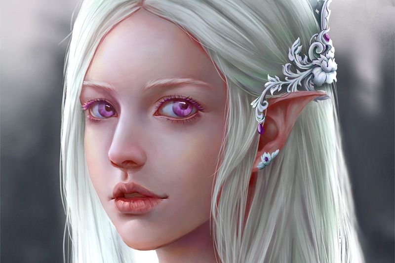 Fantasy, Girl, Face, 1080P, White Hair, Elf, Purple Eyes, Woman, Pointed Ears