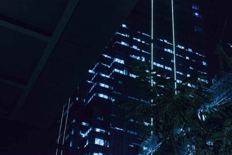 nightlife, night, illuminated, modern, metropolis, architecture, tree, office, apartment, triangle, sky, club, projector, city, light, office building