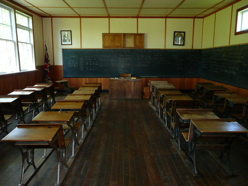 wood - Material, table, chair, built structure, steinbach, old school house, school room, wooden, absence, classroom, canada, no People, empty, lot, architecture
