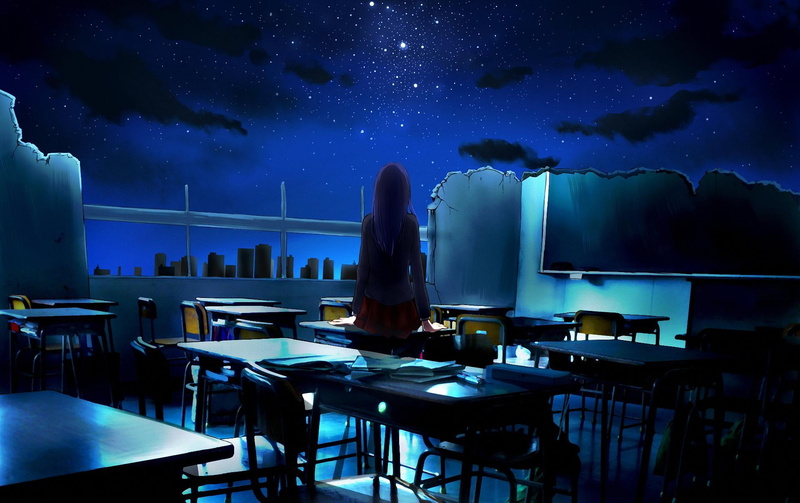 ayura, stars, night, ruins, parties, classes, girl, school, night sky, sky, 1080P