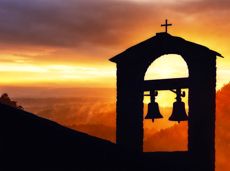 sunlight, christianity, sky, faith, sun, orange color, 2K, cloud - sky, building exterior, silhouette, nature, mountains, catholic, religion, chapel, place of worship