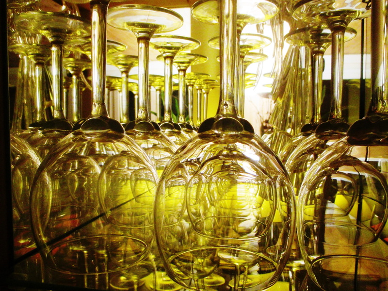 food and drink, large group of objects, crystal, luxury, wine, give a, reflection, wine glasses, gold colored, metal, household equipment, still life, glass