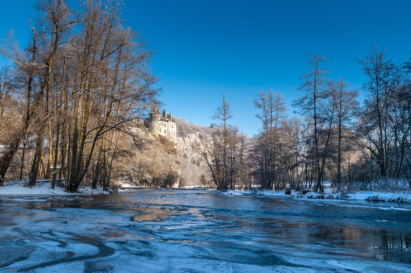 cold, day, castle, bare tree, water mill, blue, rock, beauty in nature, afternoon, lesse river, river, frozen, dinant, no people, winter, medieval, middle age
