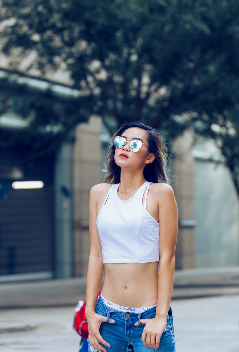 day, fashion, less, architecture, white, standing, front view, lifestyles, woman, blue, casual clothing, jeans, 4K, beautiful woman, hairstyle, young adult