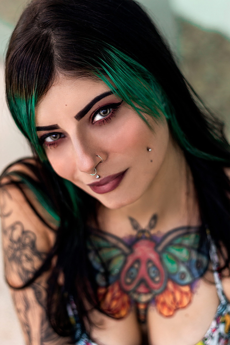 tattooed, woman, beautiful woman, looking at camera, young adult, hairstyle, close-up, green, dyed hair, young women, lifestyles, black, female, pretty