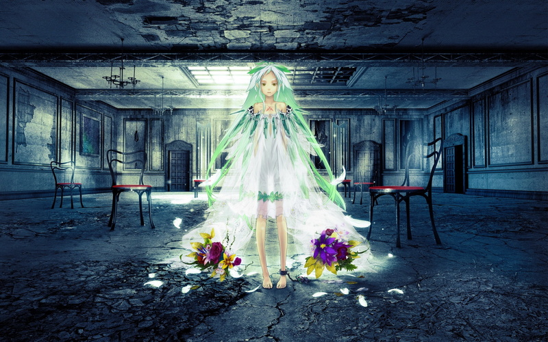art, room, novel, ruins, dress, long, yellow, feathers, indoors, tattoos, hd, barefoot, flowers, green, hair, 2K, visual