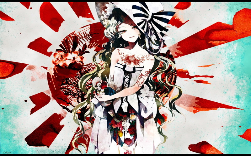 1080P, bows, dolls, tattoos, eyes, white, women, flowers, dress, green, hats, nature, long, orange, mouth, art, open, hd, hair