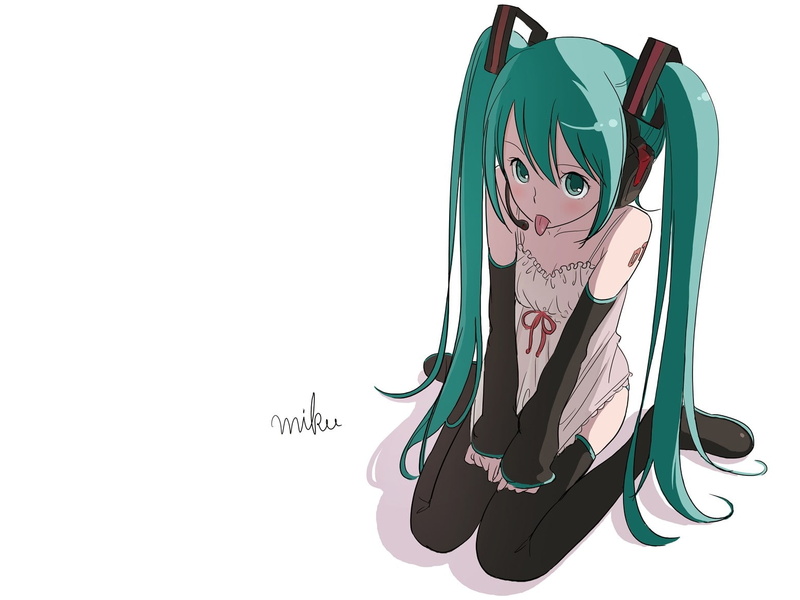 eyes, headset, headphones, tongue, thigh, girl, tattoos, h, long, hd, vocaloid, hatsune, 720P, green, miku, art, hair