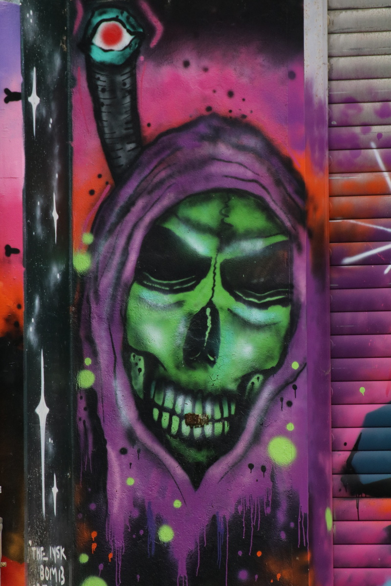 art and craft, headshot, paint, representation, beauty, sprayer, spray paint, one woman only, Skull And Crossbones, 5K, spraypainting, indoors, Purple
