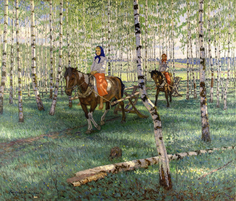 girls, birch, forest, Riga, horse, 1080P, Bogdanov-Belsky, To work, 1921