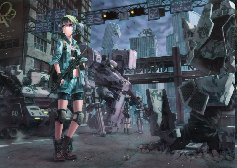 mech anime gun apocalyptic blue eyes blue hair anime girls kawashiro nitori touhou, full length, architecture, retail display, people, fashion, store, day