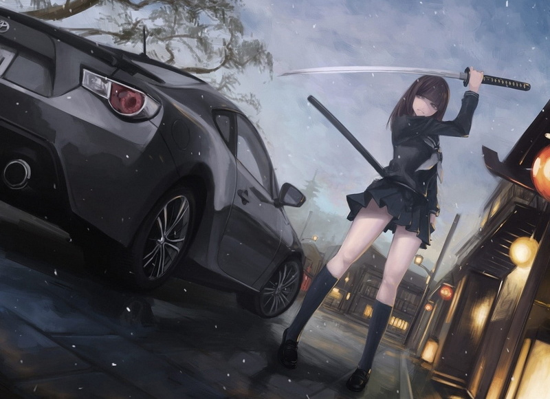 miniskirt, 720P, vehicle, car, katana, anime, anime girls