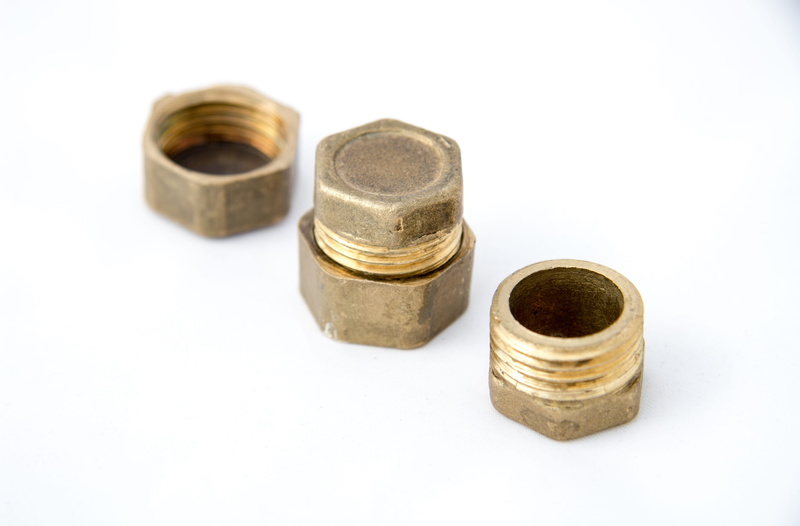 brass, cut out, small group of objects, hexahedron, water pipes, bolt, close-up, Technique, circle, white background, high angle view, group of objects