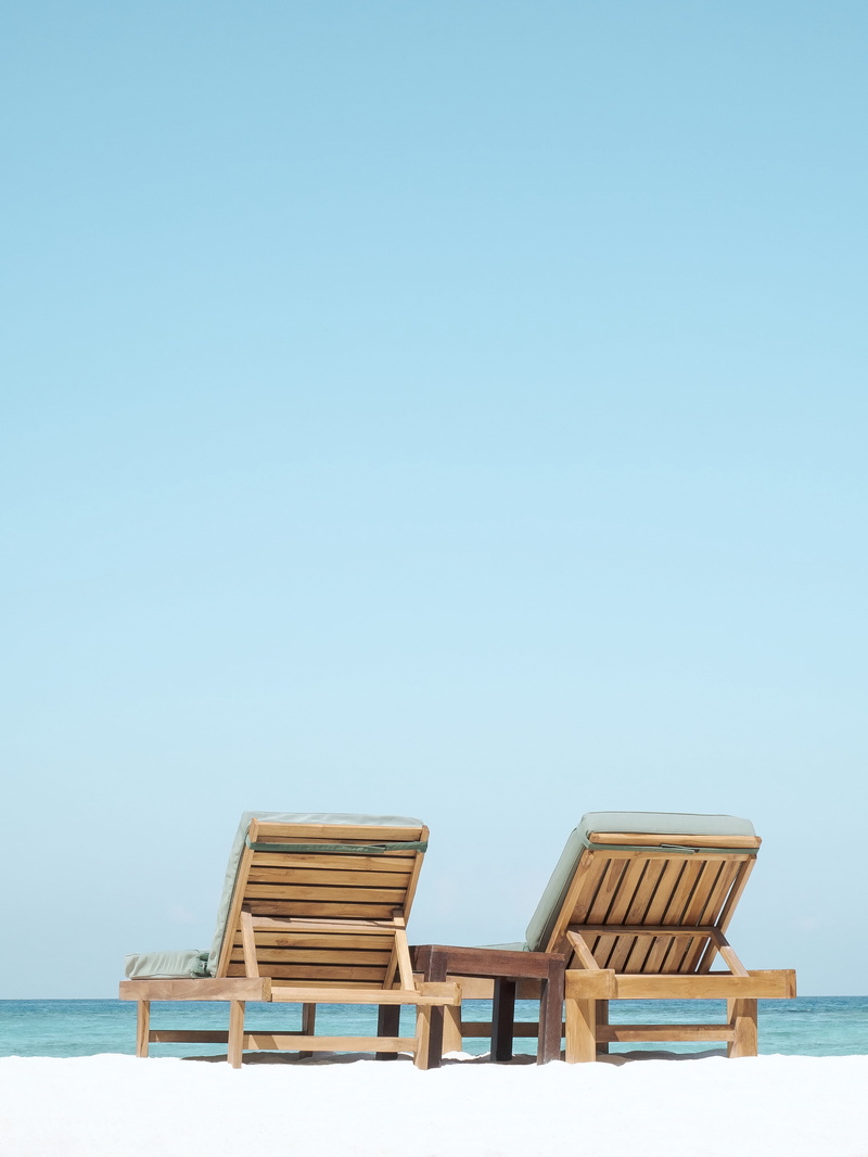 sun lounger, sky, brown, wooden, outdoor, scenics - nature, tranquil scene, relax, beauty in nature, horizon over water, clear sky, no people, blue, wood - material