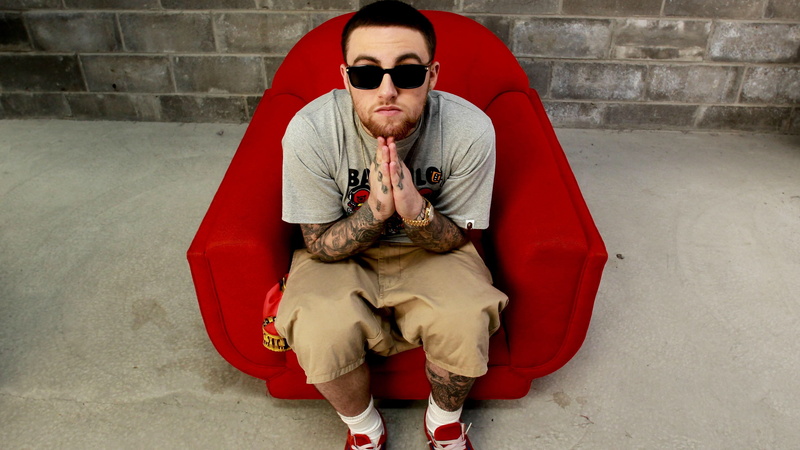 man, wall, armchair, Top music artist and bands, sitting, red, singer, near, rapper, Mac Miller, 4K