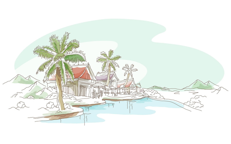 illustration, table, island, creativity, painting, computer Graphic, coconut Palm Tree, relaxation, vector, coastline, landscape, seascape, food, plant part