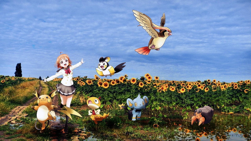 Pokémon, Love Live!, Cloud, Raichu (Pokémon), Brown Hair, Scraggy (Pokémon), Red Eyes, Flower, Pidgeot (Pokémon), Anime, Girl, Bird, Field, Short Hair