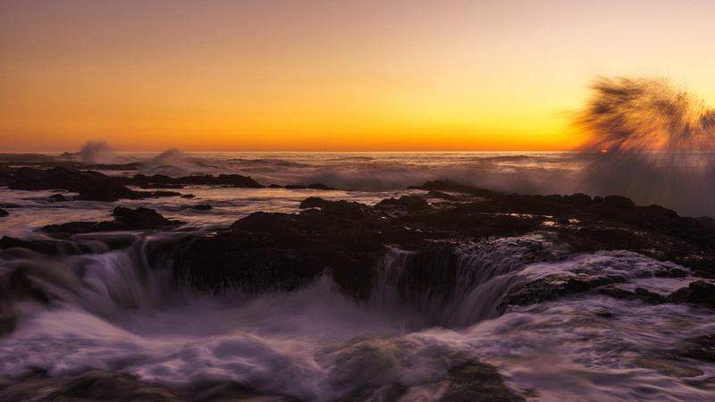 sky, flowing water, blurred motion, orange color, long exposure, rock, 1080P, sunset, motion, horizon over water, land, outdoors, wears, colors, solid