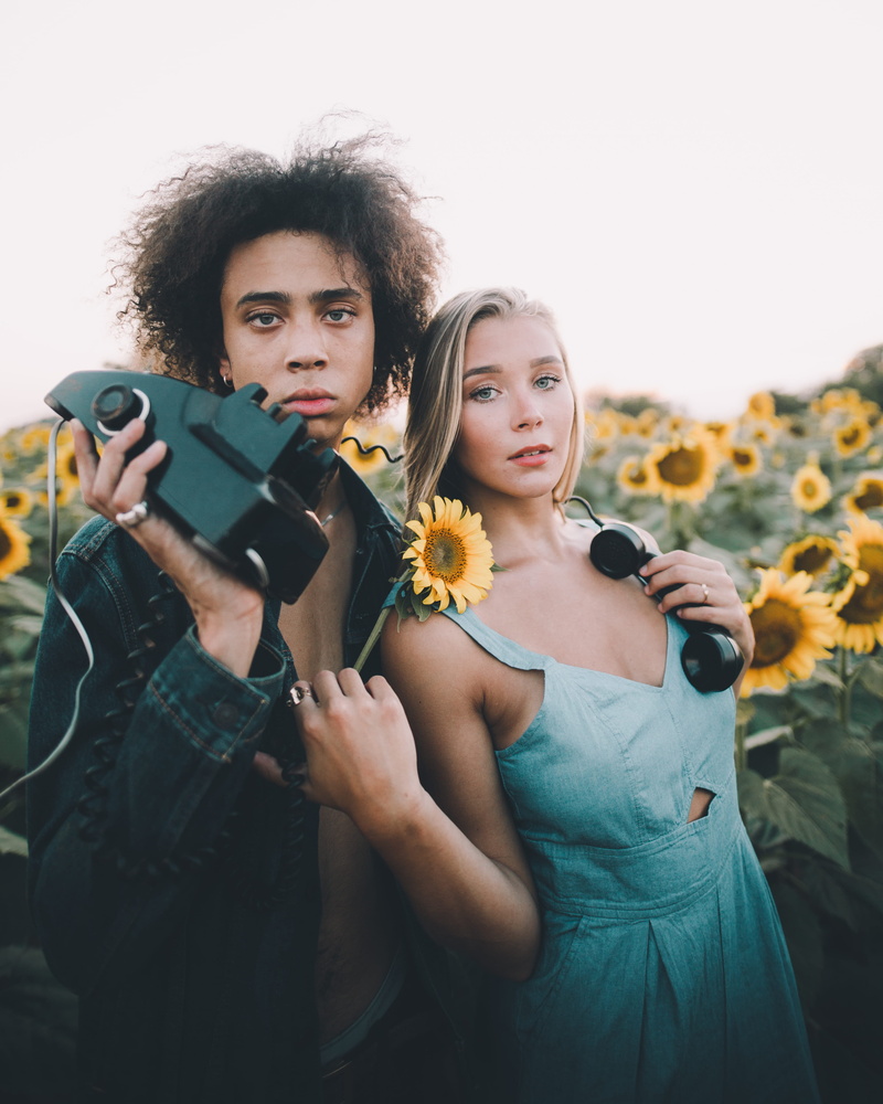 couple, style, people, summer, men, sunflower, togetherness, man, couple - Relationship, outdoors, fashion, day, wearing, portrait, romance, face, beauty In Nature