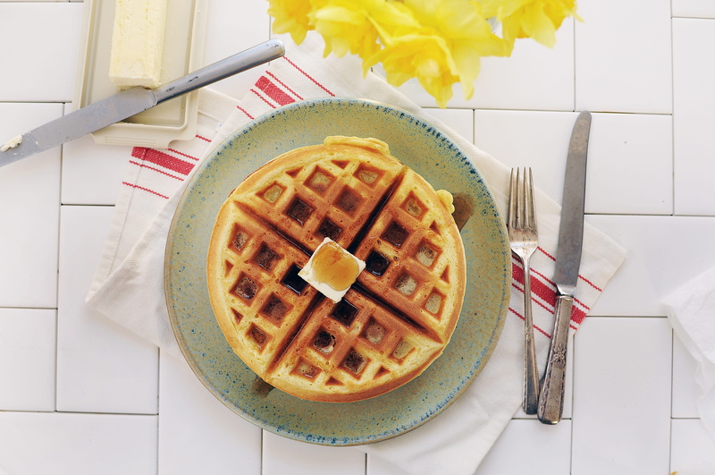 no people, knife, daffodil, top, freshness, food, view, waffle, silver, kitchen utensil, ready-to-eat, unhealthy eating, indulgence, beside, sweet food