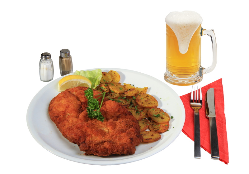 Breaded, studio shot, still life, breakfast, table, beer - Alcohol, lunch, meat, fork, filled, beer, salt, lemon, serving size, shakers, napkin, white