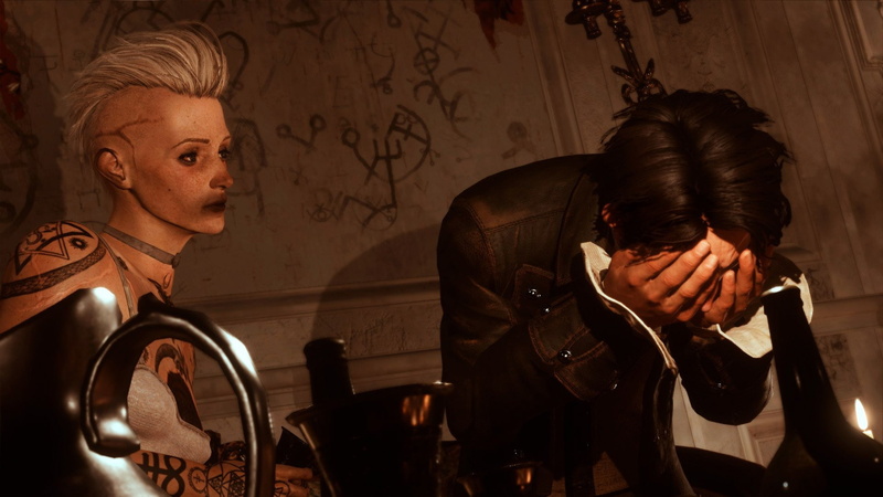 mature adult, Video Game, standing, business, headshot, serious, sadness, indoors, The Council, women, males, emotion, adult, mature men, two people, young men