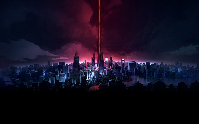 architecture, cloud - sky, no people, building exterior, cityscape, urban skyline, Agents of Mayhem, office building exterior, illuminated, skyscraper