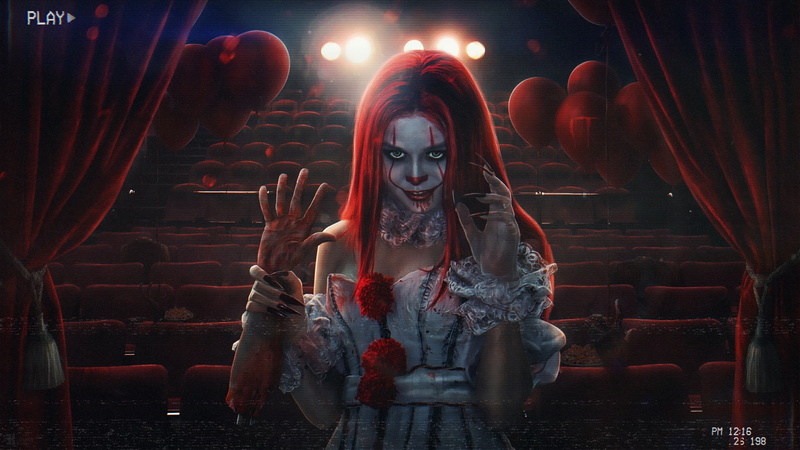 horror, redhead, balloon, clown, women, artwork, 1080P