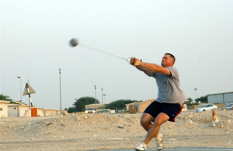 men, toss, hammer throw, strong, sky, athlete, compete, full length, sand, 2K, sport, track and field, field, motion, throwing, day, effort, young men