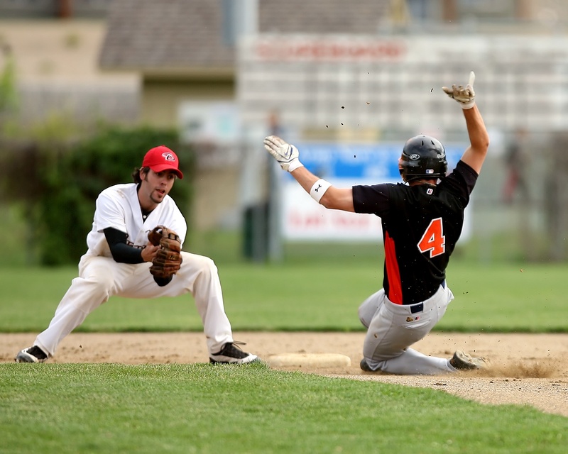 child, leisure activity, clothing, league, athlete, arms raised, stealing second, two people, real people, athletic, infield, dust, summer, males, playing