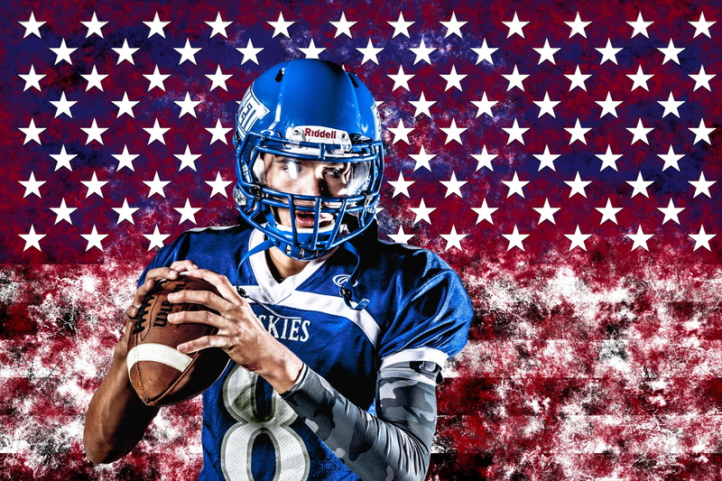 front view, one person, clothing, men, mid adult, man, sport, brown, portrait, blue, sports helmet, looking at camera, flag, american football, america