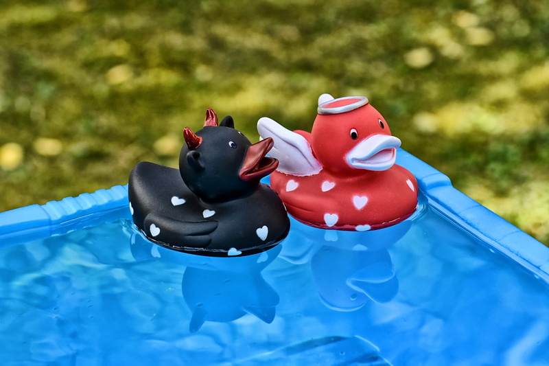 opposites, outdoors, rubber, representation, devil, water, nature, animal representation, pool, focus on foreground, toy, 5K, day, figurine, animal, swimming pool