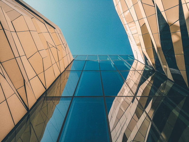 steel, glass, pattern, nature, low, no people, shape, outdoors, building, clear, modern, day, daytime, reflection, office building exterior, sky, background