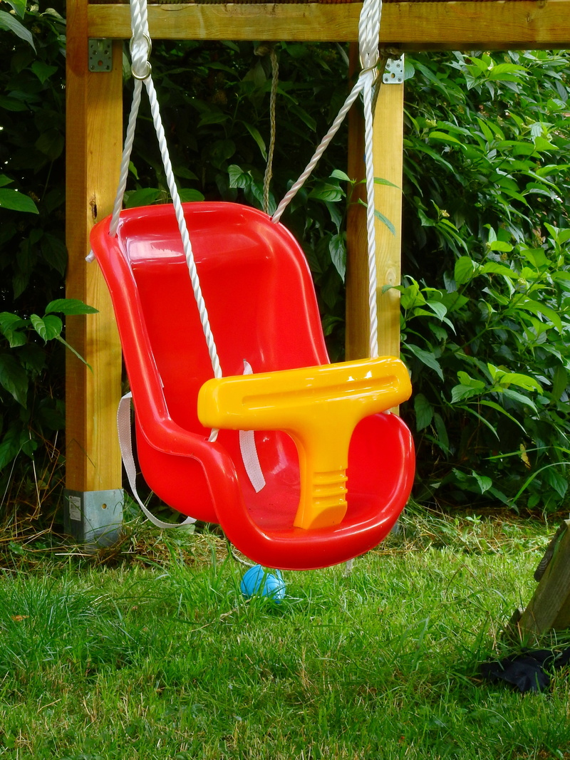 4K, playground, outdoor, outdoor play equipment, front or back yard, growth, plant, red, swing, game device, no people, wheelbarrow, yellow, grass, play