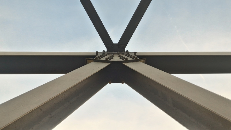 sky, low angle view, building, crossing, construction, riveted, engineering, outdoors, 2K, bridge, detail, architecture, metal, structure, girder, historic