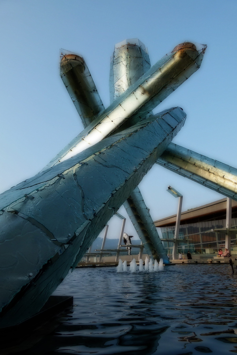 city, clear sky, built structure, water, metal, monument, low angle view, sea, torch, close-up, british columbia, transportation, winter, mode of transportation