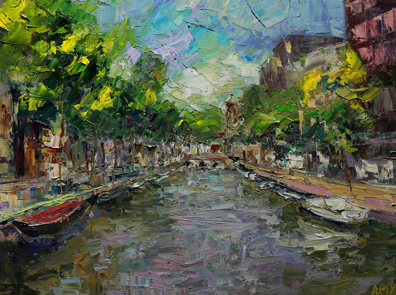 no people, Drawings, water, oilpaletteknife, painting, reflection, plant, Artistic, red, multi colored, architecture, black, day, waterfront, transportation