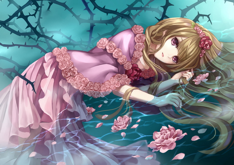 hair, monogo, water, von, pink, long, eyes, wettin, sound, dress, petals, elisabeth, flowers, marchen, 720P, horizon, blonde, rose