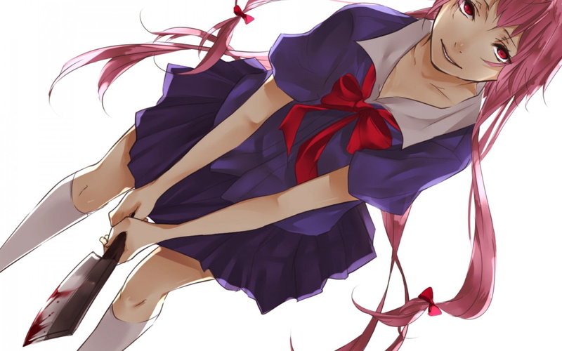 character, elegance, pride, white background, indoors, beautiful, cut out, mirai nikki, women, day, wind, ribbon - sewing item, gasai yuno, multi colored