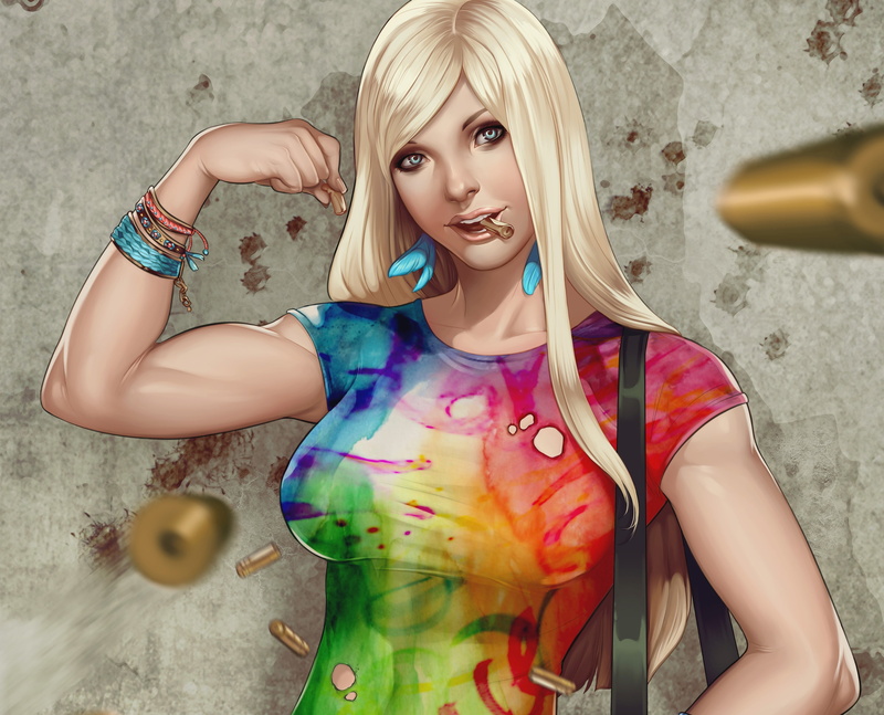 female, sleeve, Supergirl, wearing, blonde, t-shirt, 2K, feathers, character, muscles, girl, earrings, wall, bracelets, art, shirt, multicolored