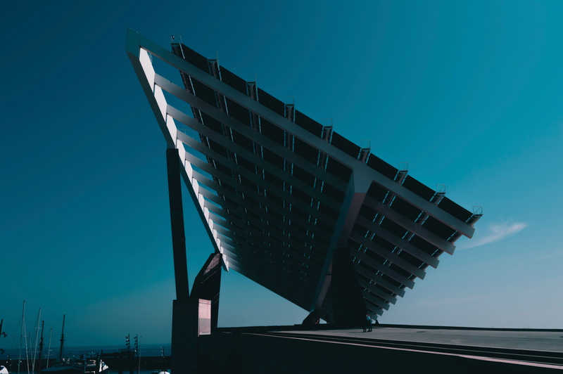 panel, environment, blue, building exterior, 5K, no people, metal, solar energy, solar panel, daytime, black, solar, outdoors, technology, low angle view
