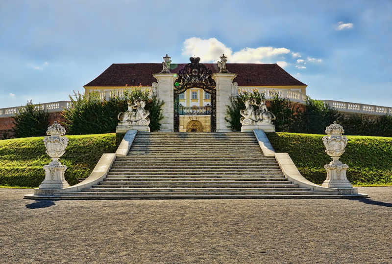 concrete, sculpture, entrance, built structure, cloud - sky, nature, castle court, day, castle, daytime, white, architectural column, stair step, outdoors