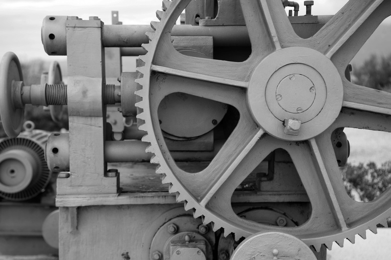 steampunk, day, vintage, circle, transportation, old, outdoors, close-up, machinery, focus on foreground, industrial, engine, machine part, connection
